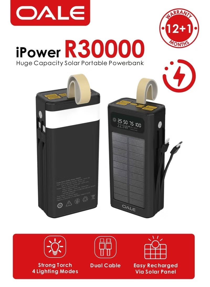 OALE 30000mAh Solar Power Bank, 22.5W Fast Charging, Built-in Type-C & Lightning Cables, Multiple USB Outputs - Image 2